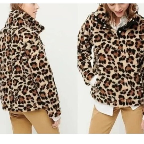 J. Crew Jackets & Blazers - J. Crew Womens XS The Vintage Fleece Sherpa Leopard Print Snap Collar
